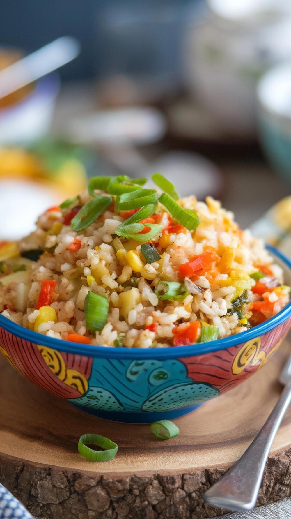 Low-Calorie Dinner Recipes Under 500 Calories 4 A colorful bowl of cauliflower fried rice with mixed vegetables, garnished with green onions.