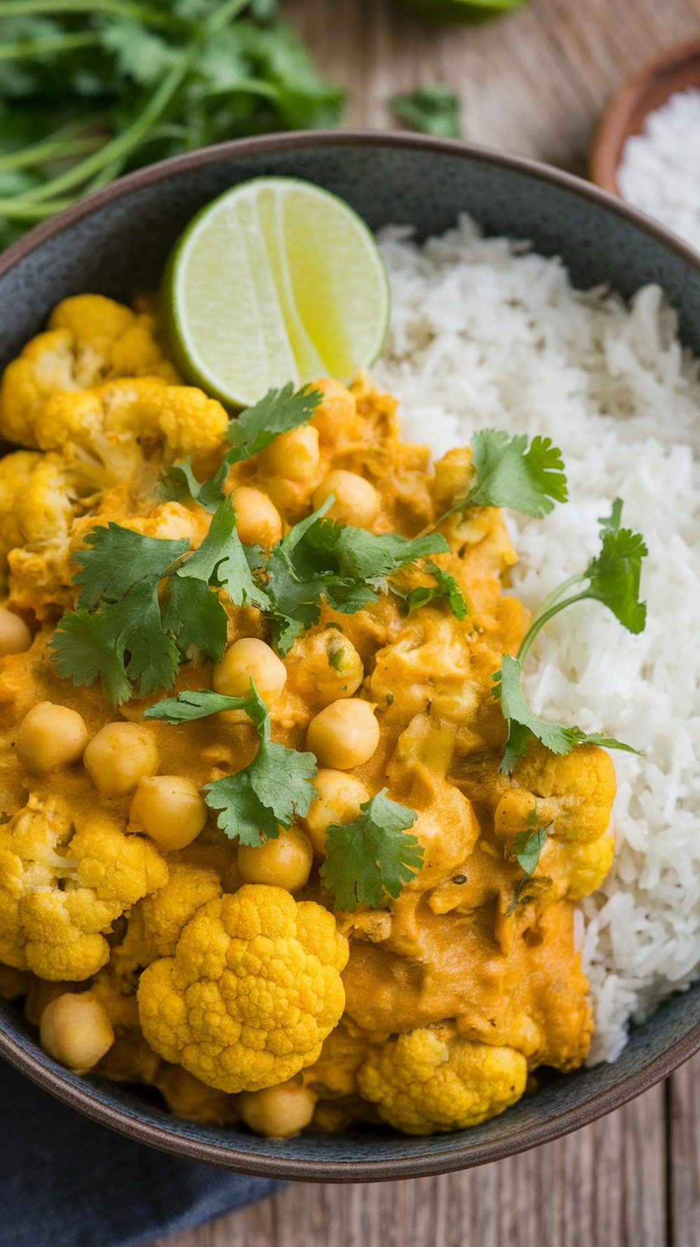 18 Easy and Delicious Fall Dinner Ideas for Cozy Nights 16 A bowl of cauliflower and chickpea curry served with rice, garnished with cilantro and lime.