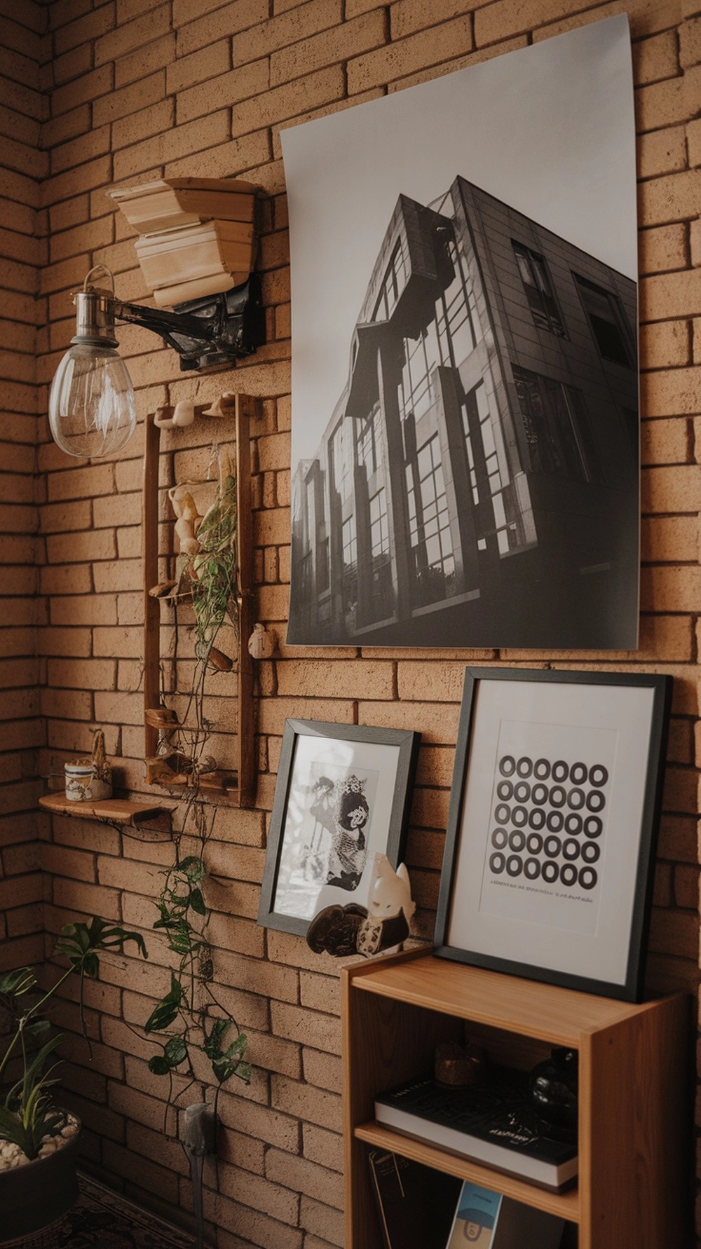 How to Create a Warm Apartment Aesthetic with Cozy Decor 8 A cozy wall display featuring a black-and-white photograph, framed art, and decorative elements on a brick wall.