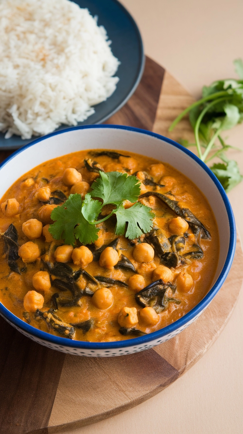 Low-Calorie Dinner Recipes Under 500 Calories 5 A bowl of chickpea and spinach curry garnished with cilantro, served with a side of rice.