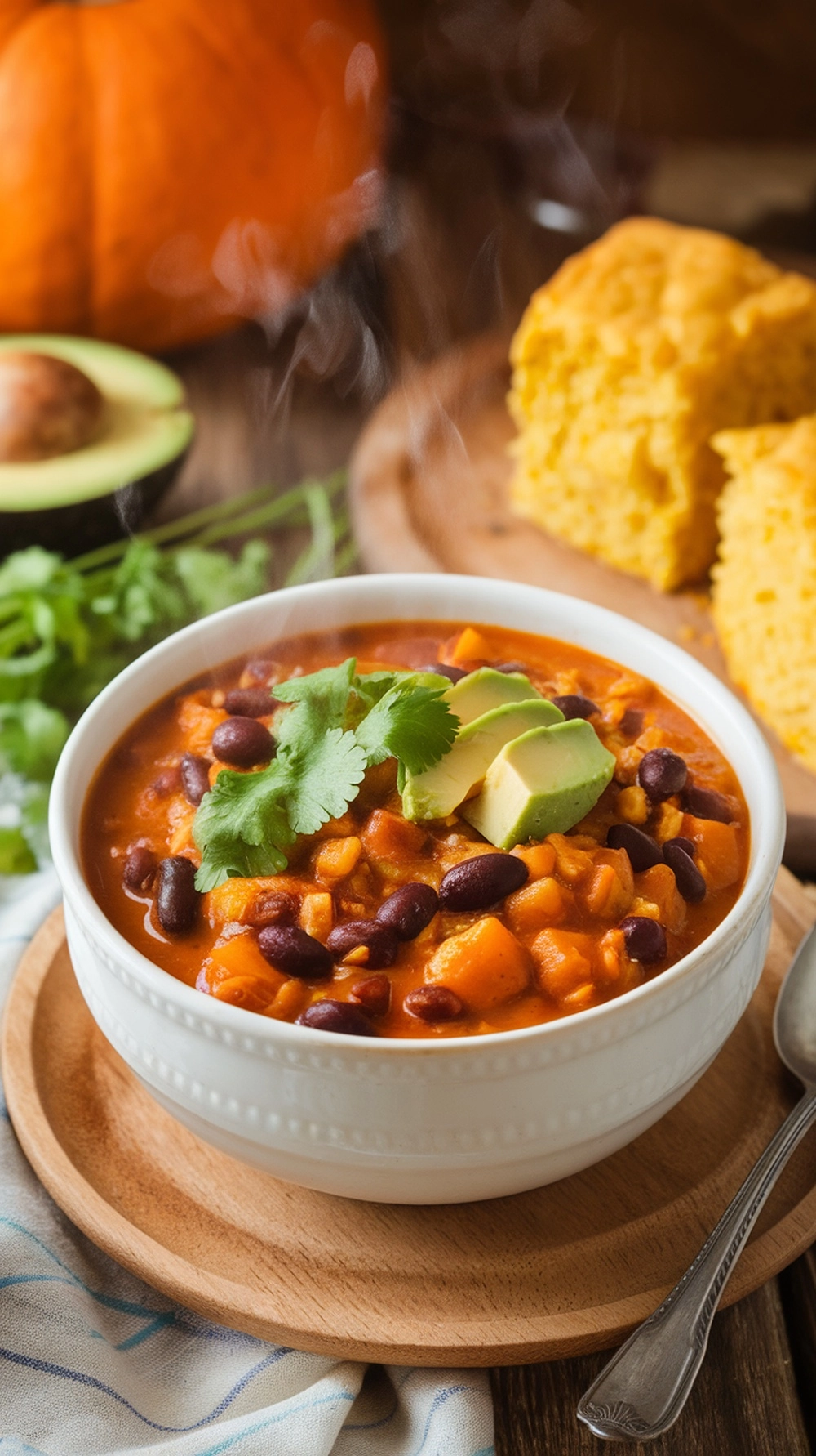18 Easy and Delicious Fall Dinner Ideas for Cozy Nights 8 A bowl of chili with pumpkin and black beans, topped with avocado and cilantro, served with cornbread and a pumpkin in the background.