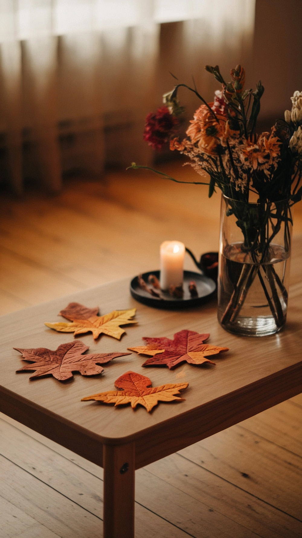 17 Cozy Coffee Table Fall Decor Ideas to Warm Your Home 22 Colorful autumn leaves arranged as coasters on a coffee table with a candle and flowers.