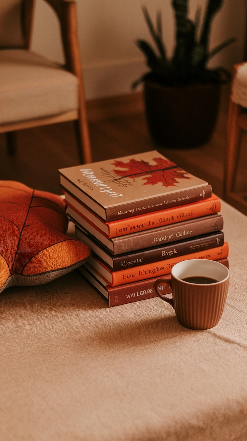 17 Cozy Coffee Table Fall Decor Ideas to Warm Your Home 15 A cozy coffee table with autumn-themed books stacked and a cup of coffee beside them.