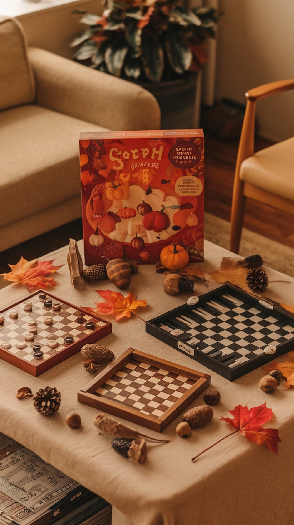 17 Cozy Coffee Table Fall Decor Ideas to Warm Your Home 23 A cozy coffee table decorated with tabletop games, autumn leaves, and pumpkins, perfect for fall gatherings.