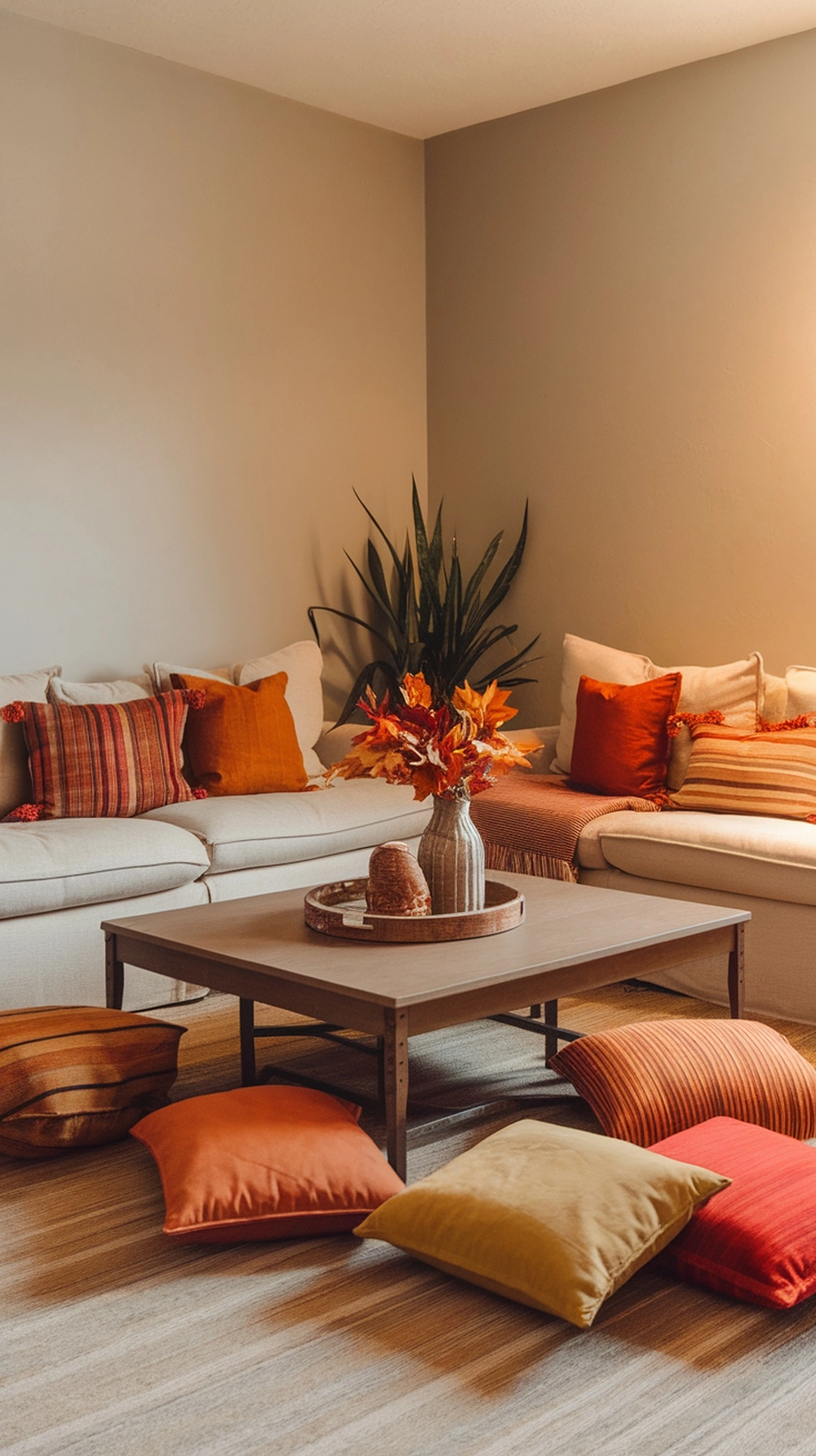 17 Cozy Coffee Table Fall Decor Ideas to Warm Your Home 11 A cozy living room with colorful throw pillows in autumn colors, a coffee table with a fall centerpiece, and a warm atmosphere.