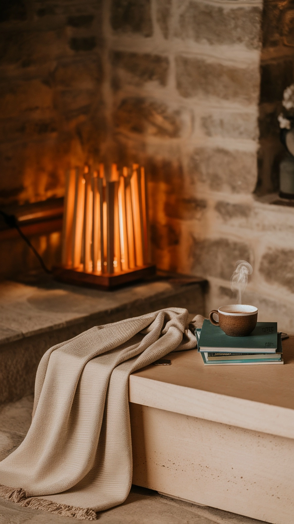 17 Cozy Coffee Table Fall Decor Ideas to Warm Your Home 13 A cozy knit throw draped over a coffee table with a steaming cup of coffee and books.