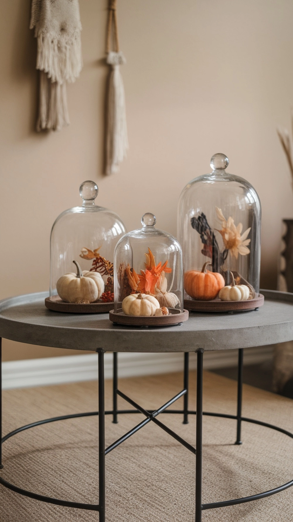 17 Cozy Coffee Table Fall Decor Ideas to Warm Your Home 9 Three glass cloches displaying fall decor on a coffee table.