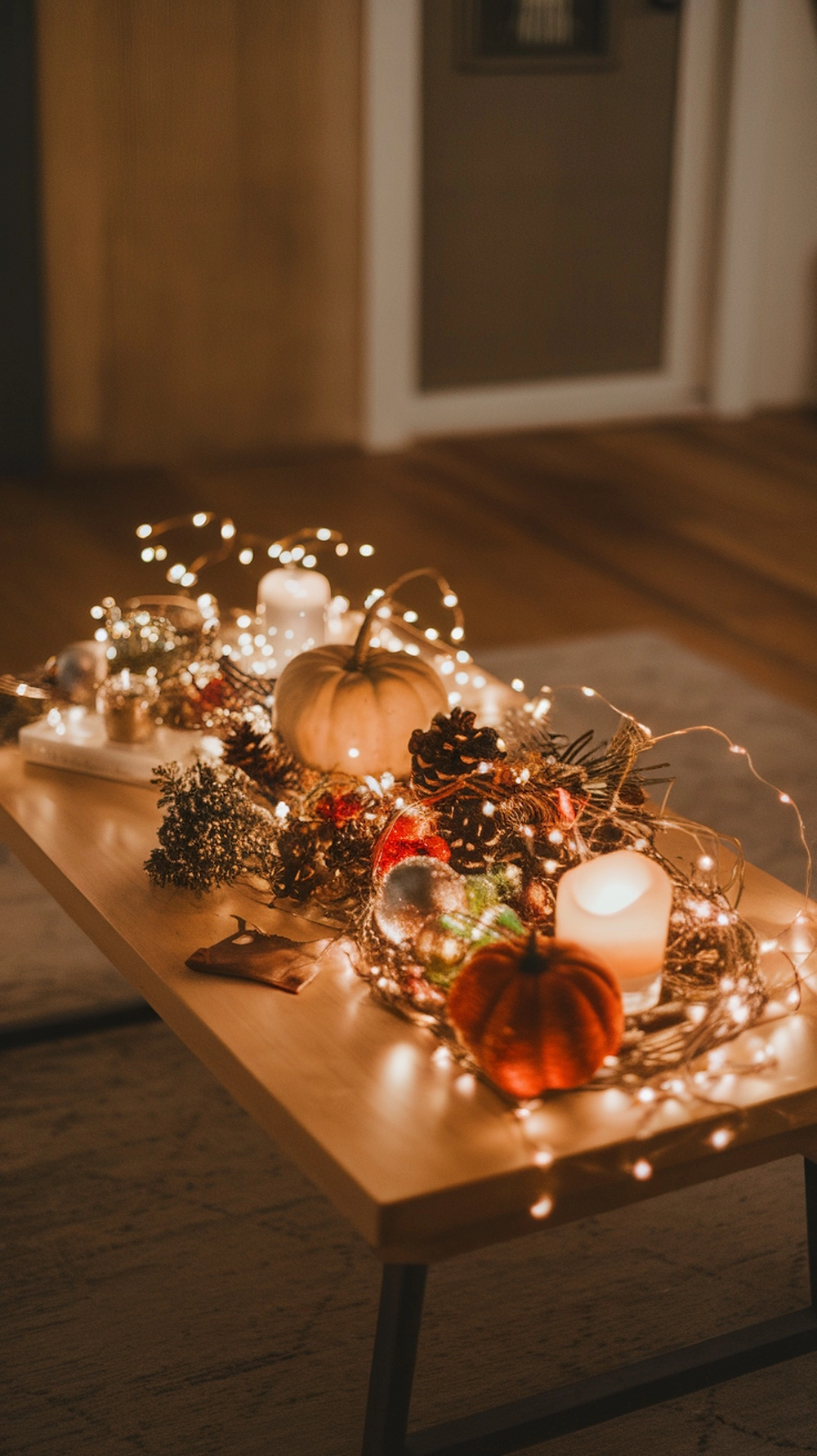 17 Cozy Coffee Table Fall Decor Ideas to Warm Your Home 21 A cozy coffee table decorated with fairy lights, pumpkins, pinecones, and candles for fall decor.