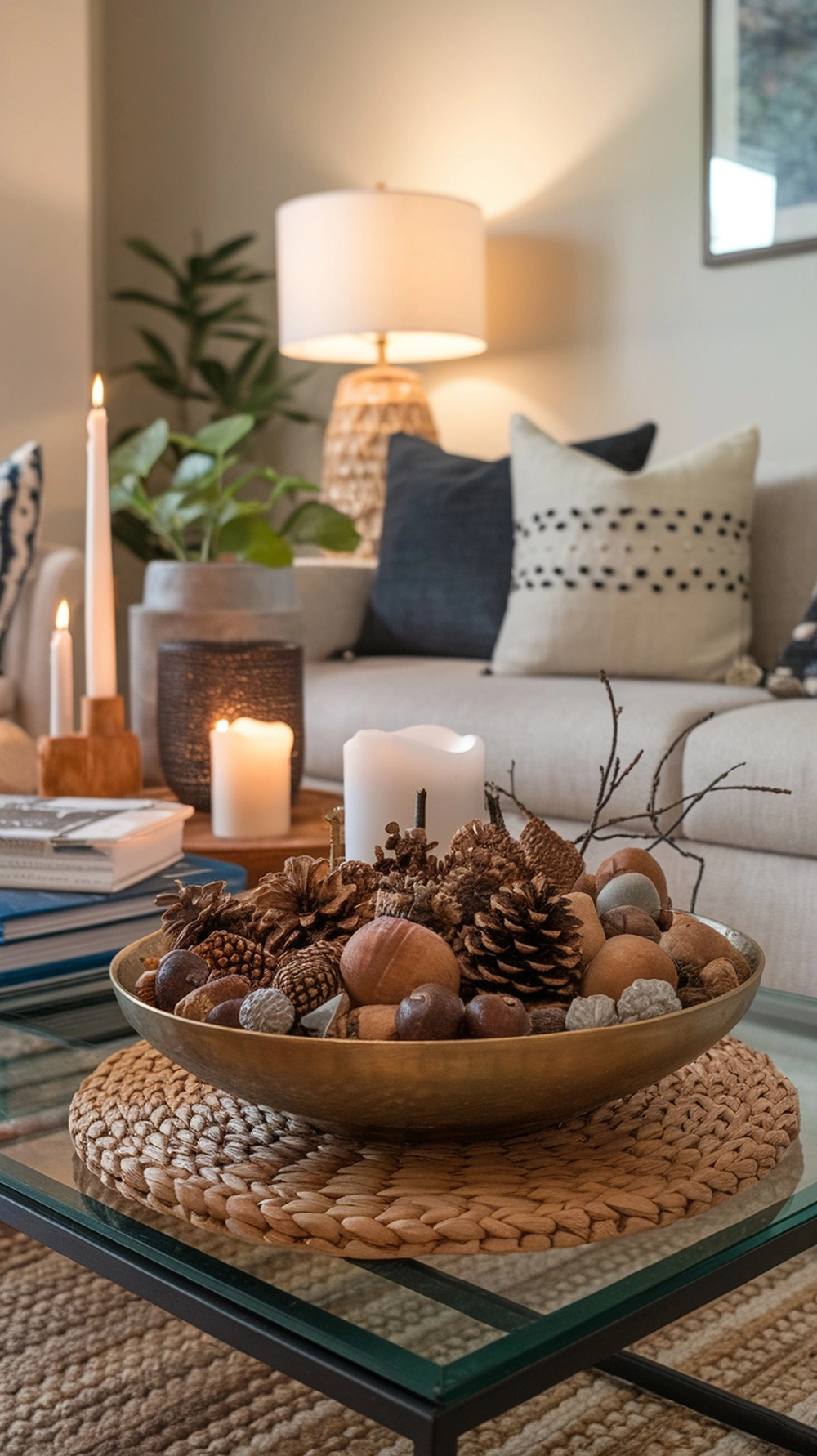 17 Cozy Coffee Table Fall Decor Ideas to Warm Your Home 17 A cozy coffee table decorated with natural elements like pinecones, acorns, and candles, creating a warm fall atmosphere.