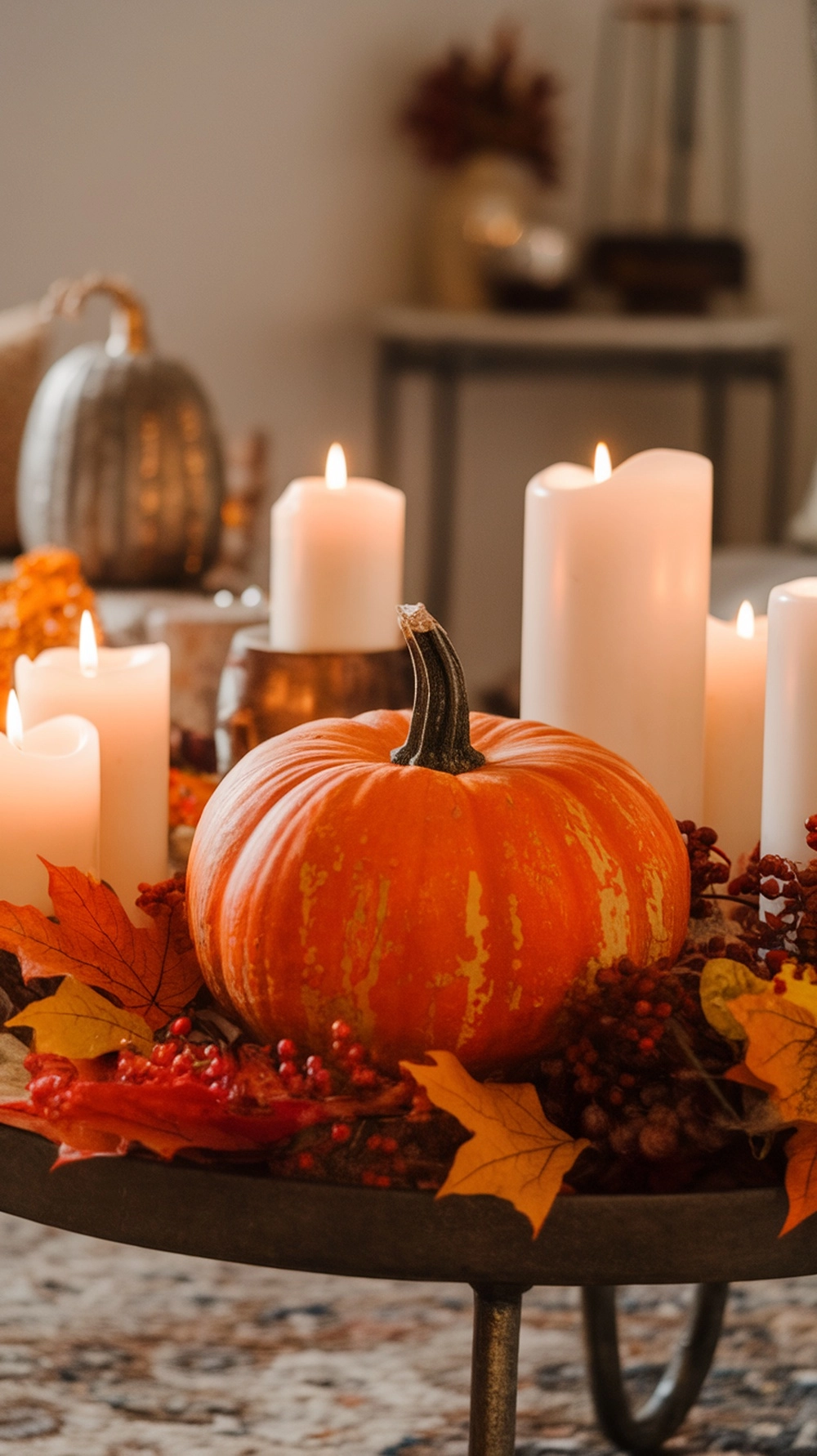 17 Cozy Coffee Table Fall Decor Ideas to Warm Your Home 5 A pumpkin centerpiece with candles and autumn leaves on a coffee table