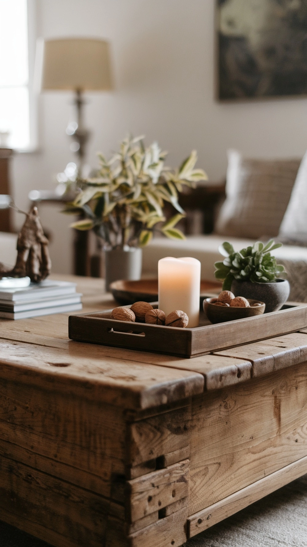 17 Cozy Coffee Table Fall Decor Ideas to Warm Your Home 16 A rustic wooden coffee table decorated with a candle, nuts, and a small plant, showcasing fall decor ideas.