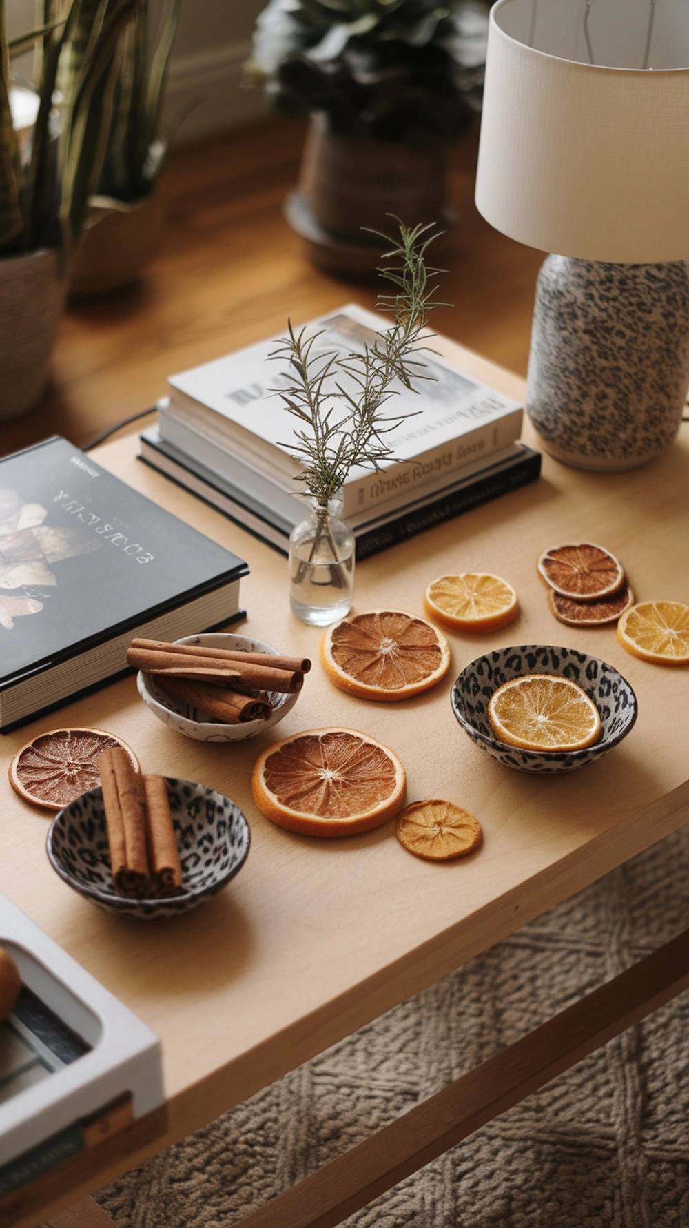 17 Cozy Coffee Table Fall Decor Ideas to Warm Your Home 19 A cozy coffee table decorated with dried orange slices, cinnamon sticks, and a small vase of rosemary.
