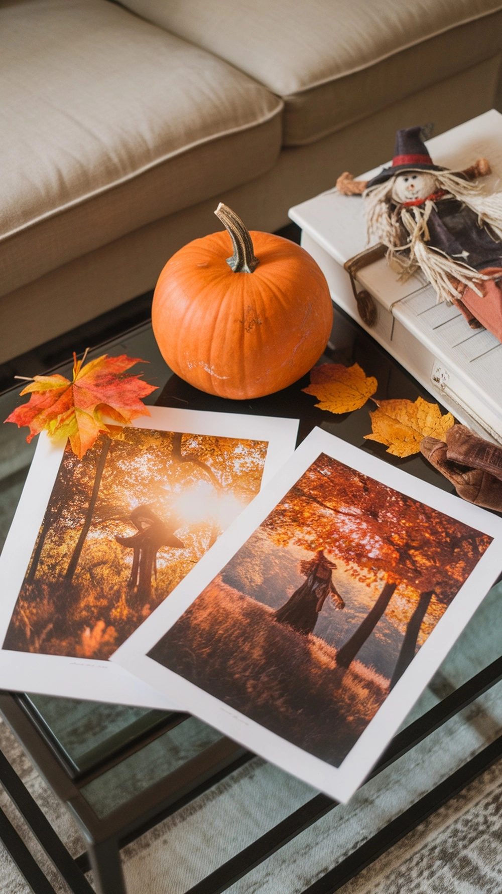 17 Cozy Coffee Table Fall Decor Ideas to Warm Your Home 24 Coffee table decorated with fall artwork, a pumpkin, and autumn leaves.