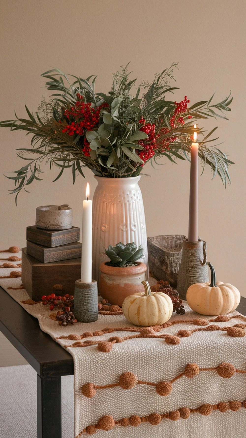 17 Cozy Coffee Table Fall Decor Ideas to Warm Your Home 7 A coffee table decorated with a textured table runner, candles, pumpkins, and a floral arrangement.