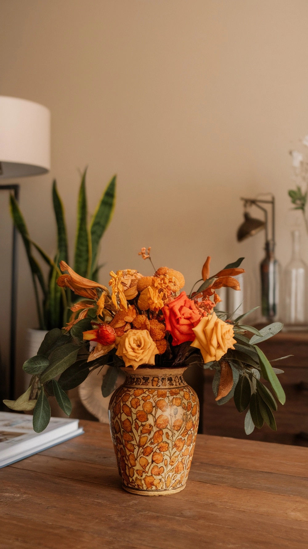 17 Cozy Coffee Table Fall Decor Ideas to Warm Your Home 14 Warm-toned floral arrangement in a decorative vase on a coffee table