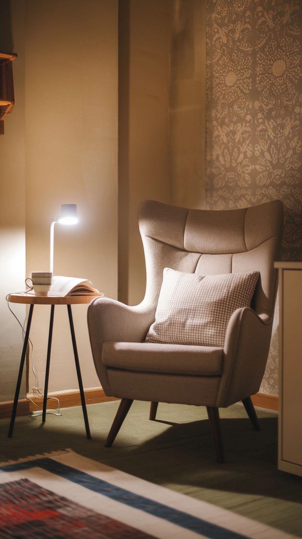 How to Create a Warm Apartment Aesthetic with Cozy Decor 15 A cozy corner featuring a plush chair, side table, and lamp, creating a warm apartment aesthetic.