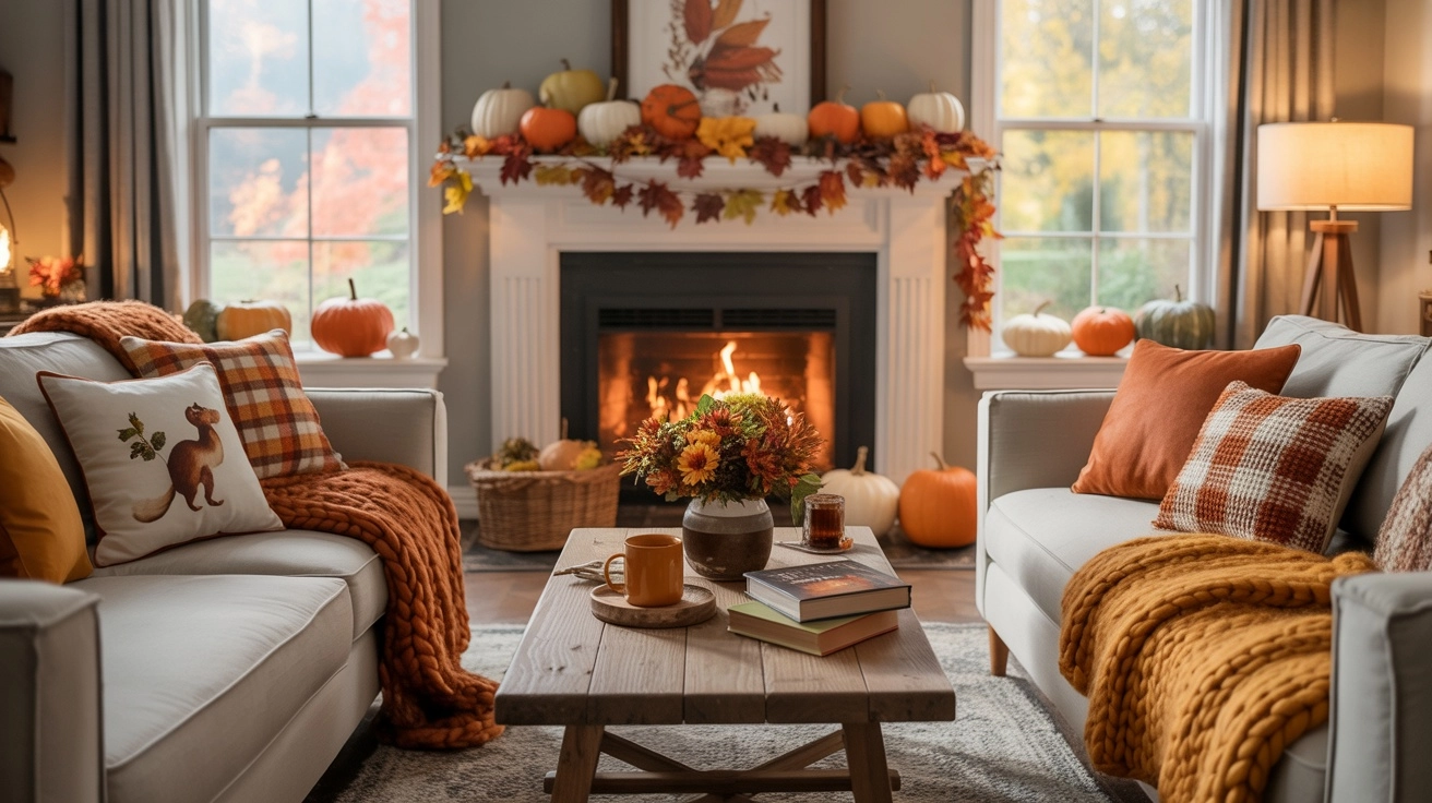 Cozy Fall Living Room Ideas: A cozy living room with a lit fireplace, two sofas covered in orange and yellow knit blankets and autumn-themed pillows, creating a warm and inviting atmosphere.