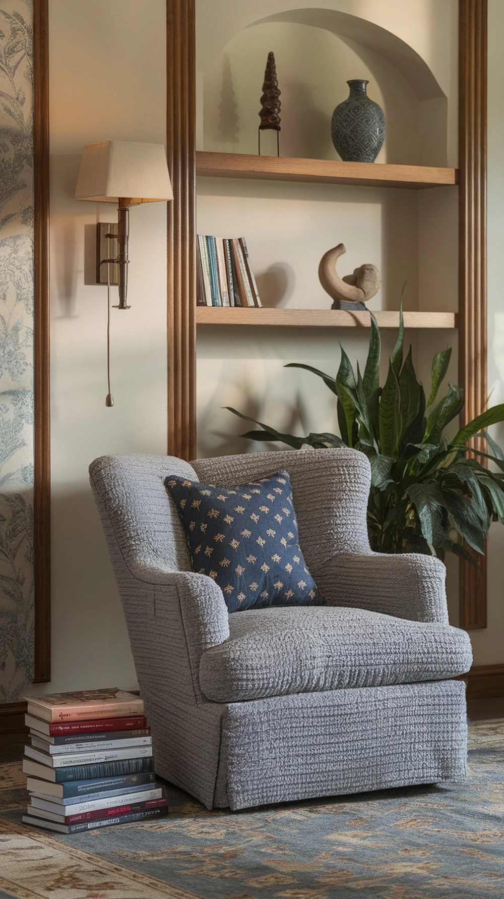 Cozy reading nook with a soft chair, stack of books, and warm lighting