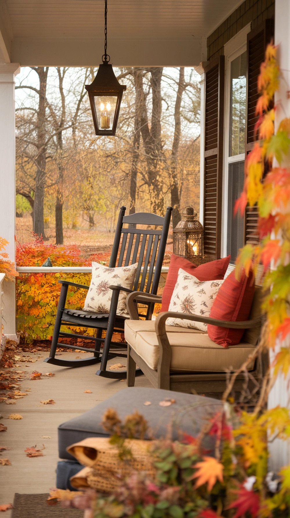 18 Cozy Fall Porch Decor Ideas to Welcome Autumn 4 Cozy fall porch seating with a rocking chair and sofa surrounded by autumn leaves.