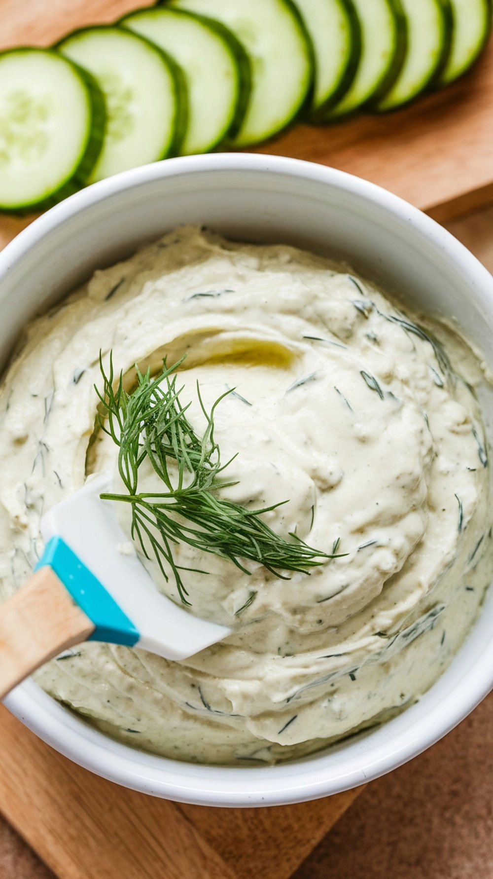 Quick & Refreshing Creamy Cucumber Snack 4 Creamy Cucumber Snack: A close-up, overhead shot of a white bowl filled with creamy dill and chive dip. A spatula is mixing the filling, showing its smooth texture. Sliced cucumbers are visible on a wooden board in the background.