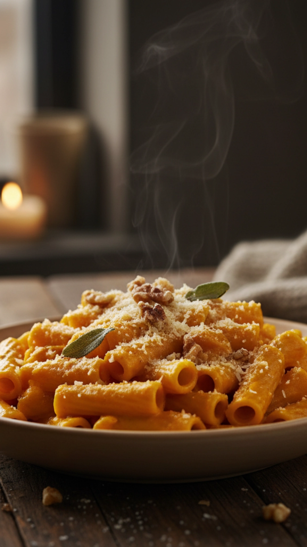 A steaming bowl of creamy pumpkin pasta topped with Parmesan cheese, walnuts, and sage on a rustic wooden table.