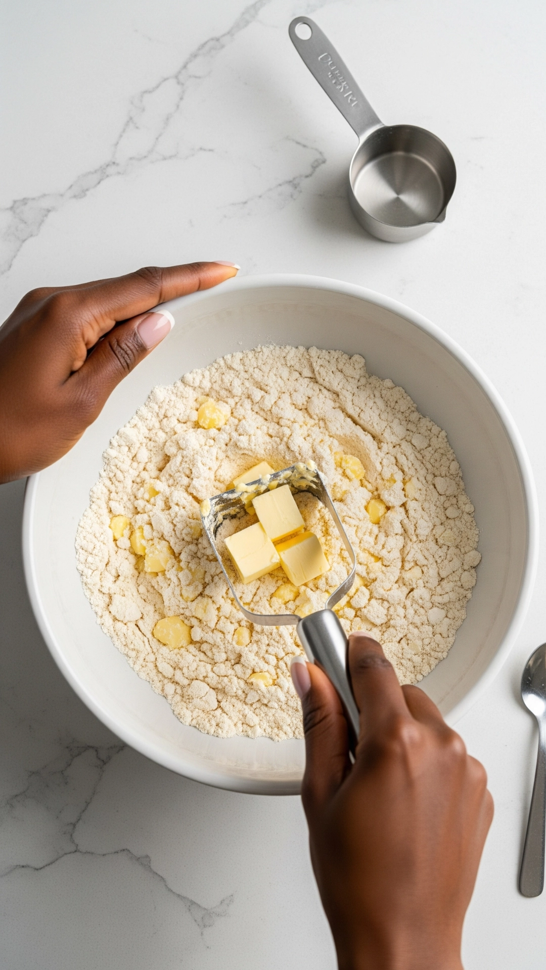 The Ultimate Fresh Peach Pie Recipe (How to Get It Perfect) 2 A top-down shot of a Black woman's hands using a pastry blender to cut cold butter cubes into a white ceramic bowl of flour, creating a coarse, sandy texture.