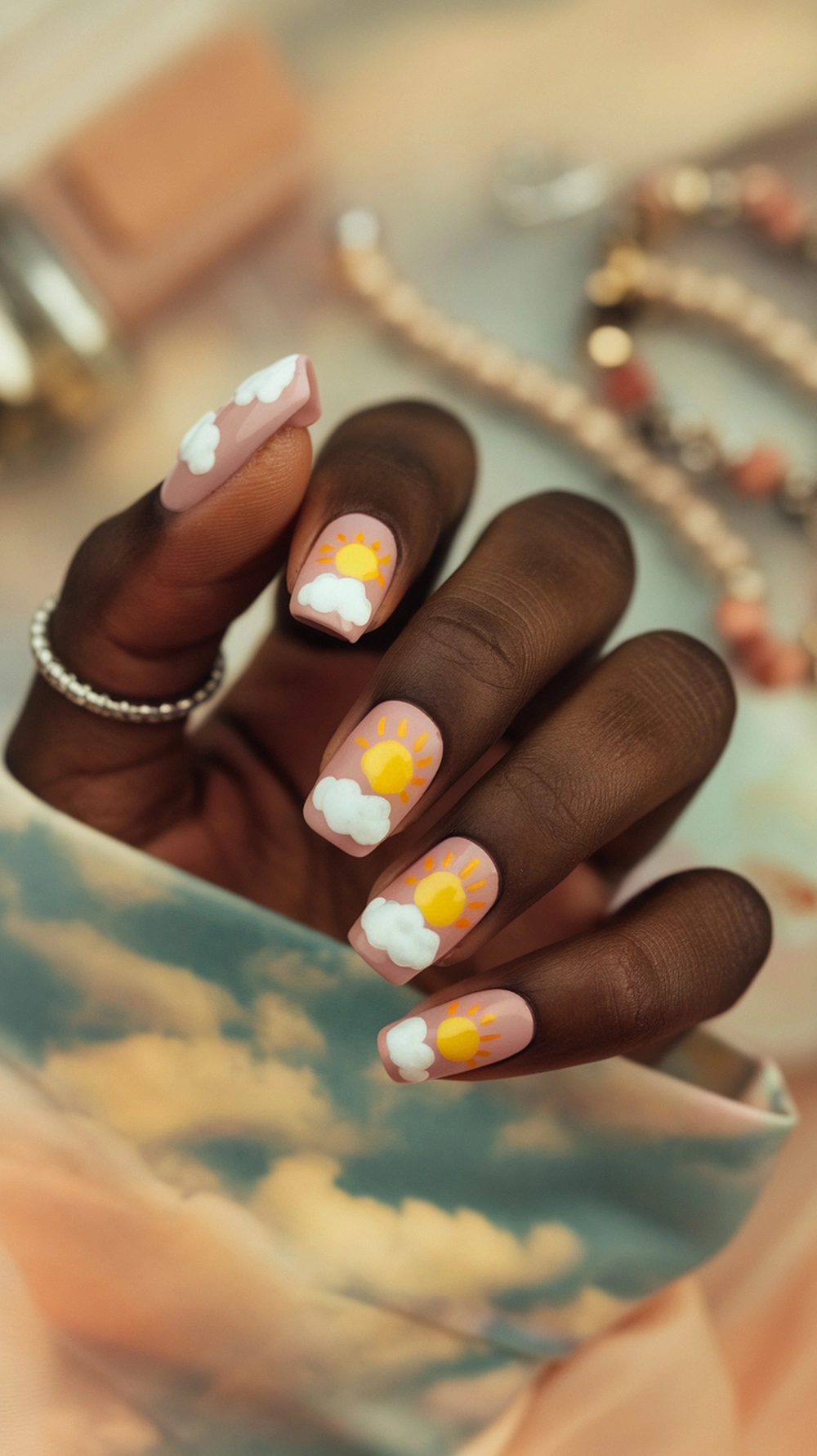 16 Cute Boho Nail Ideas You’ll Love 14 Nail art featuring dreamy clouds and sun designs on a hand with a soft pink base.