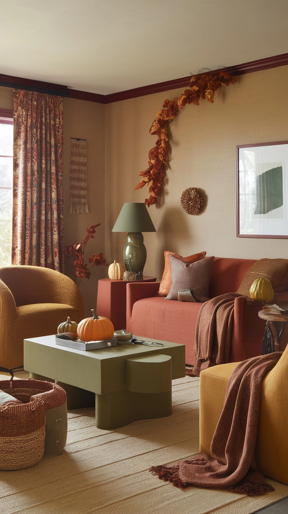 A cozy fall living room featuring earthy colors, warm textures, and autumn decorations.