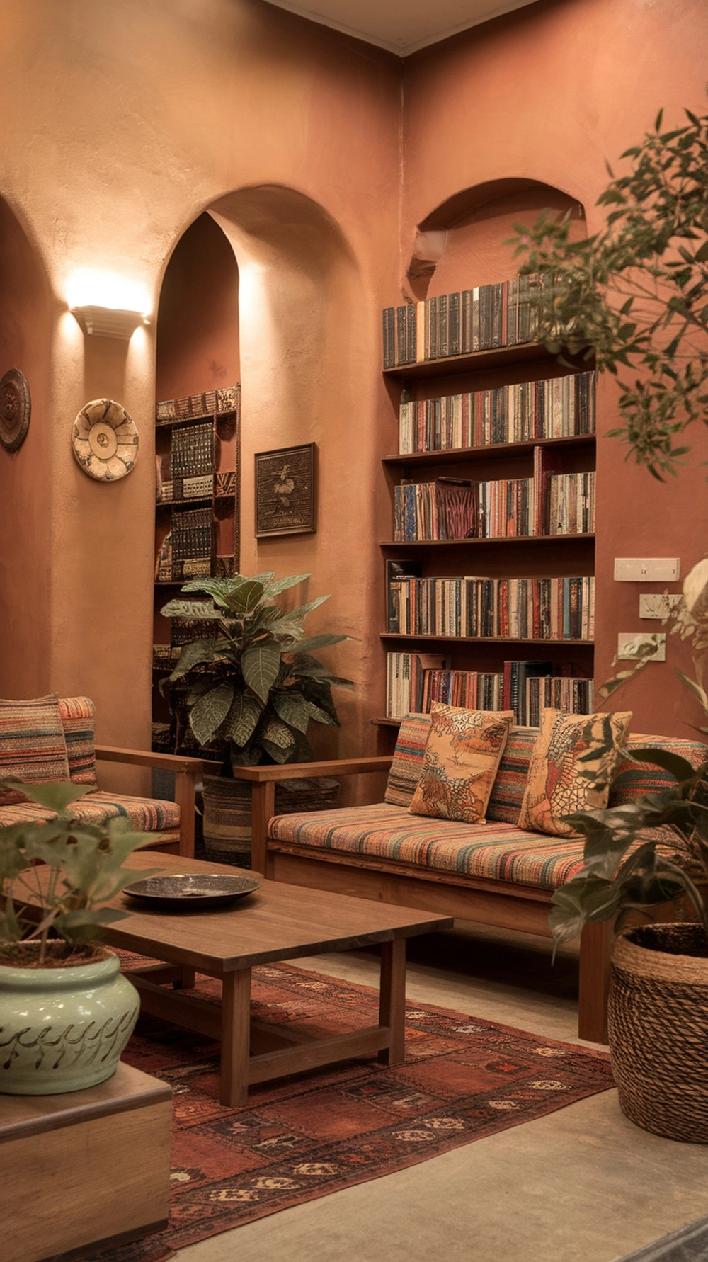 How to Create a Warm Apartment Aesthetic with Cozy Decor 2 A cozy living area with terracotta walls, wooden furniture, and colorful cushions.