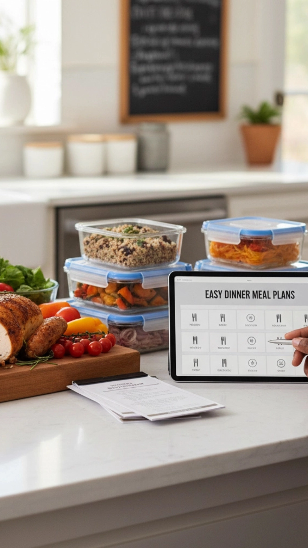 Easy Weeknight Dinner Meal Plan for a Healthy Week 2 Kitchen counter with various healthy meal prep components: roasted chicken, fresh vegetables, prepared dishes like lentil soup and shrimp with zucchini noodles. A hand holds a tablet displaying "Easy Dinner Meal Plans," showing an organized approach to healthy weeknight meals.