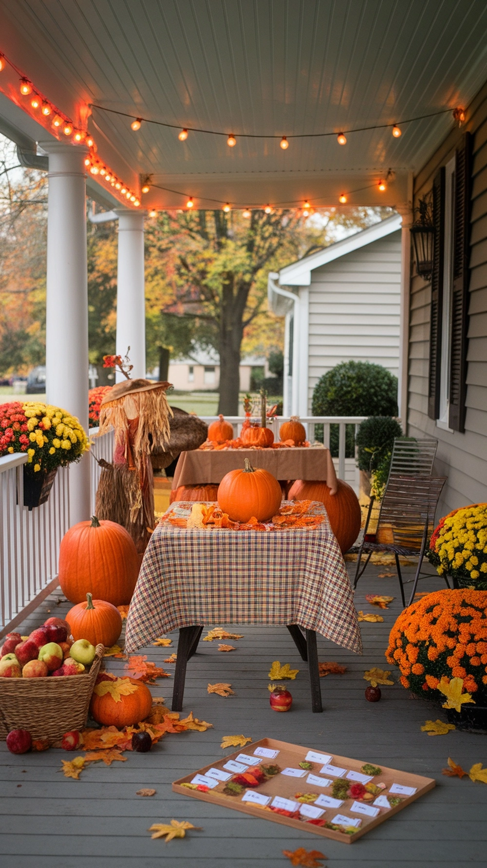 18 Cozy Fall Porch Decor Ideas to Welcome Autumn 18 A beautifully decorated fall porch featuring pumpkins, colorful flowers, and warm lights.