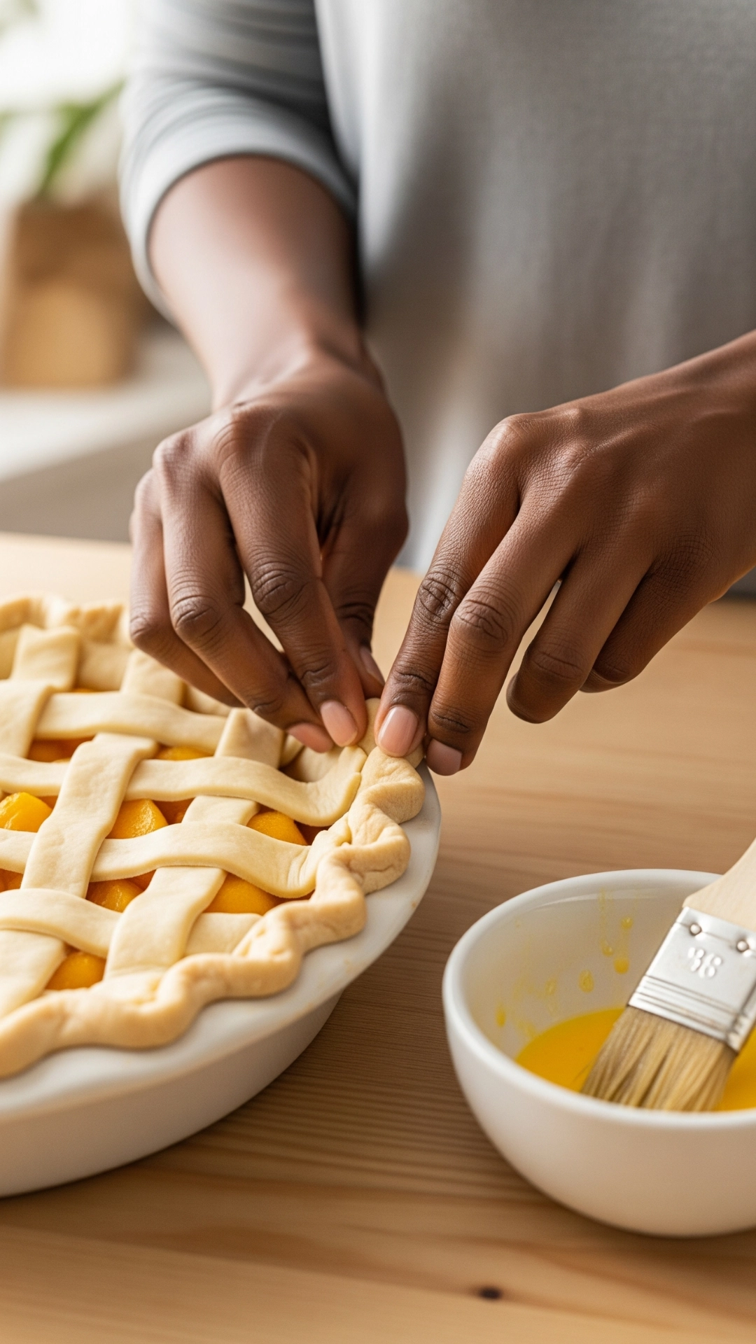 The Ultimate Fresh Peach Pie Recipe (How to Get It Perfect) 8 A close-up, angled shot focusing on a Black woman's hands as she decoratively crimps the edge of a lattice-topped peach pie