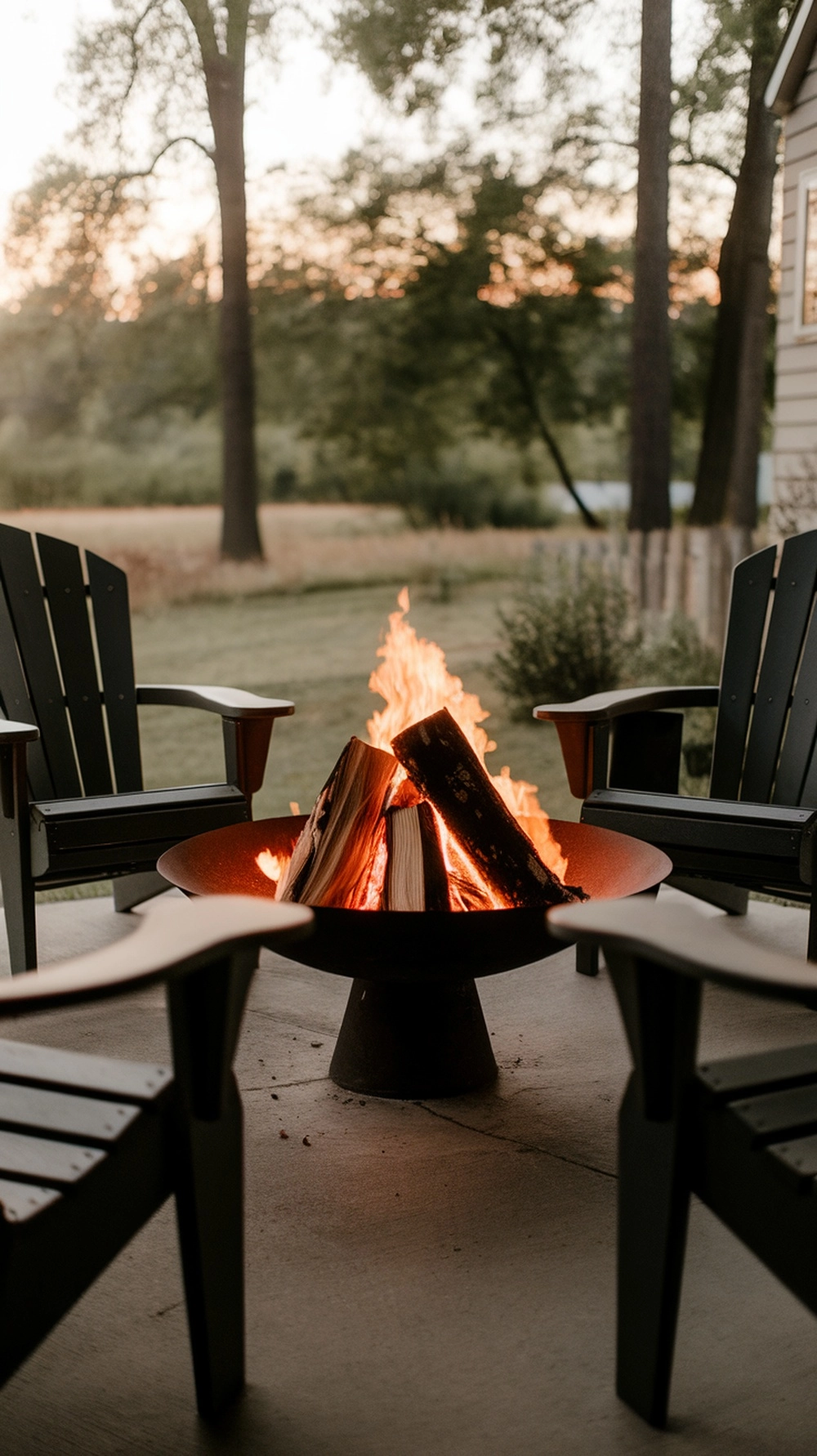 18 Cozy Fall Porch Decor Ideas to Welcome Autumn 14 Cozy fire pit setup with wooden chairs and a warm fire, surrounded by trees.