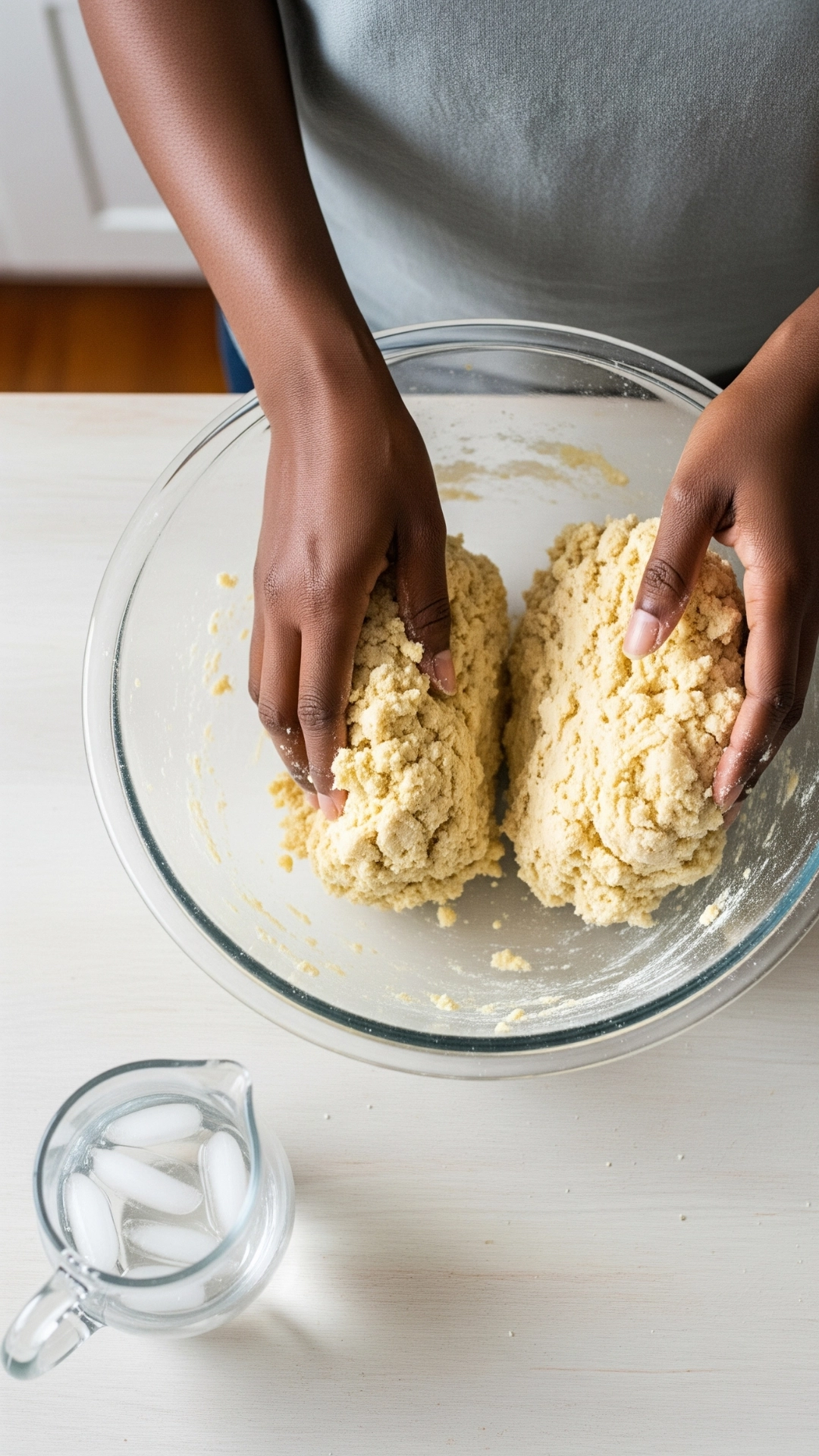 The Ultimate Fresh Peach Pie Recipe (How to Get It Perfect) 3 An overhead shot of a Black woman's hands gently gathering shaggy, just-mixed pie dough into two halves inside a large glass bowl.
