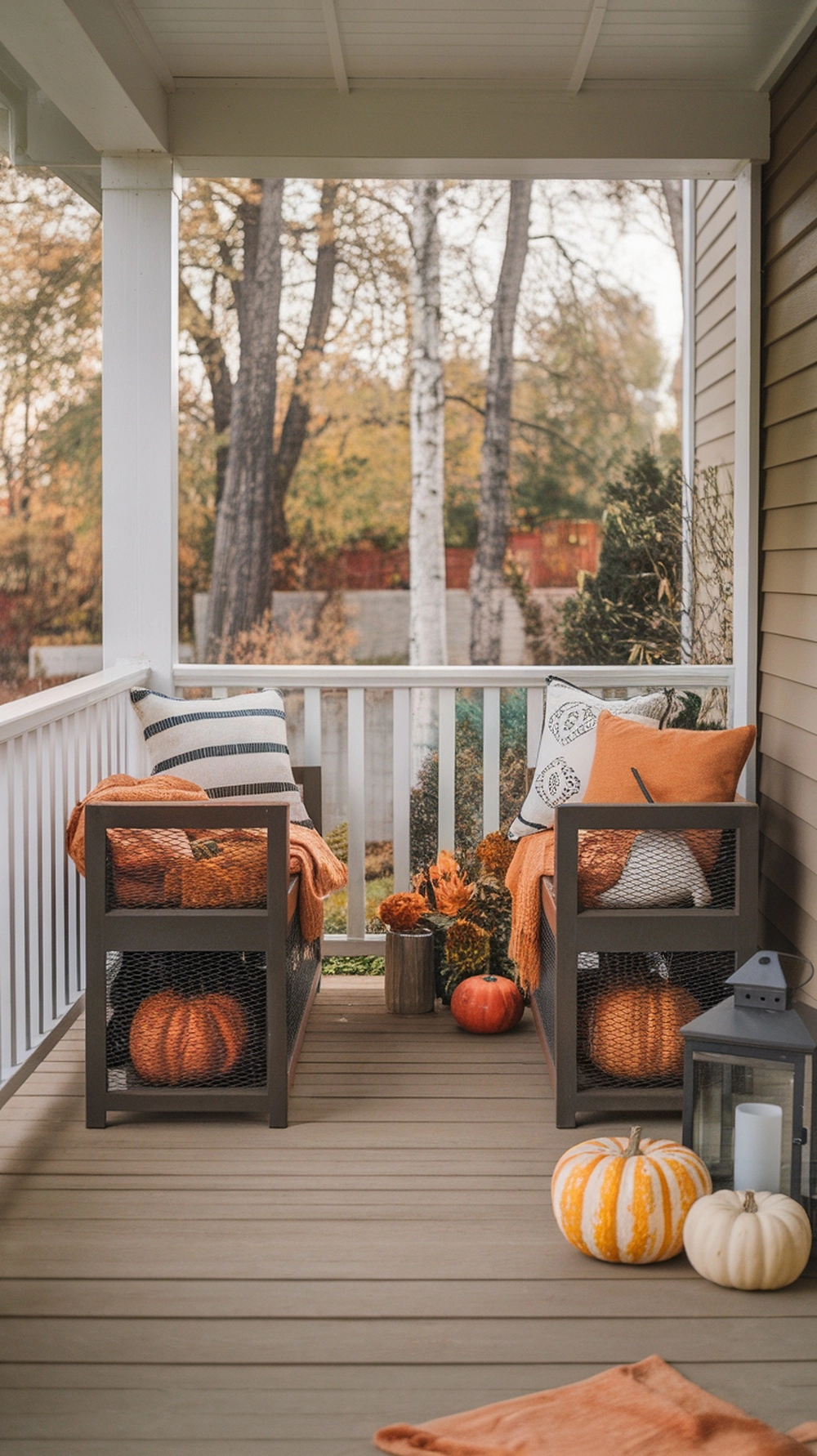 18 Cozy Fall Porch Decor Ideas to Welcome Autumn 12 Cozy fall porch with pumpkins, blankets, and decorative storage solutions.