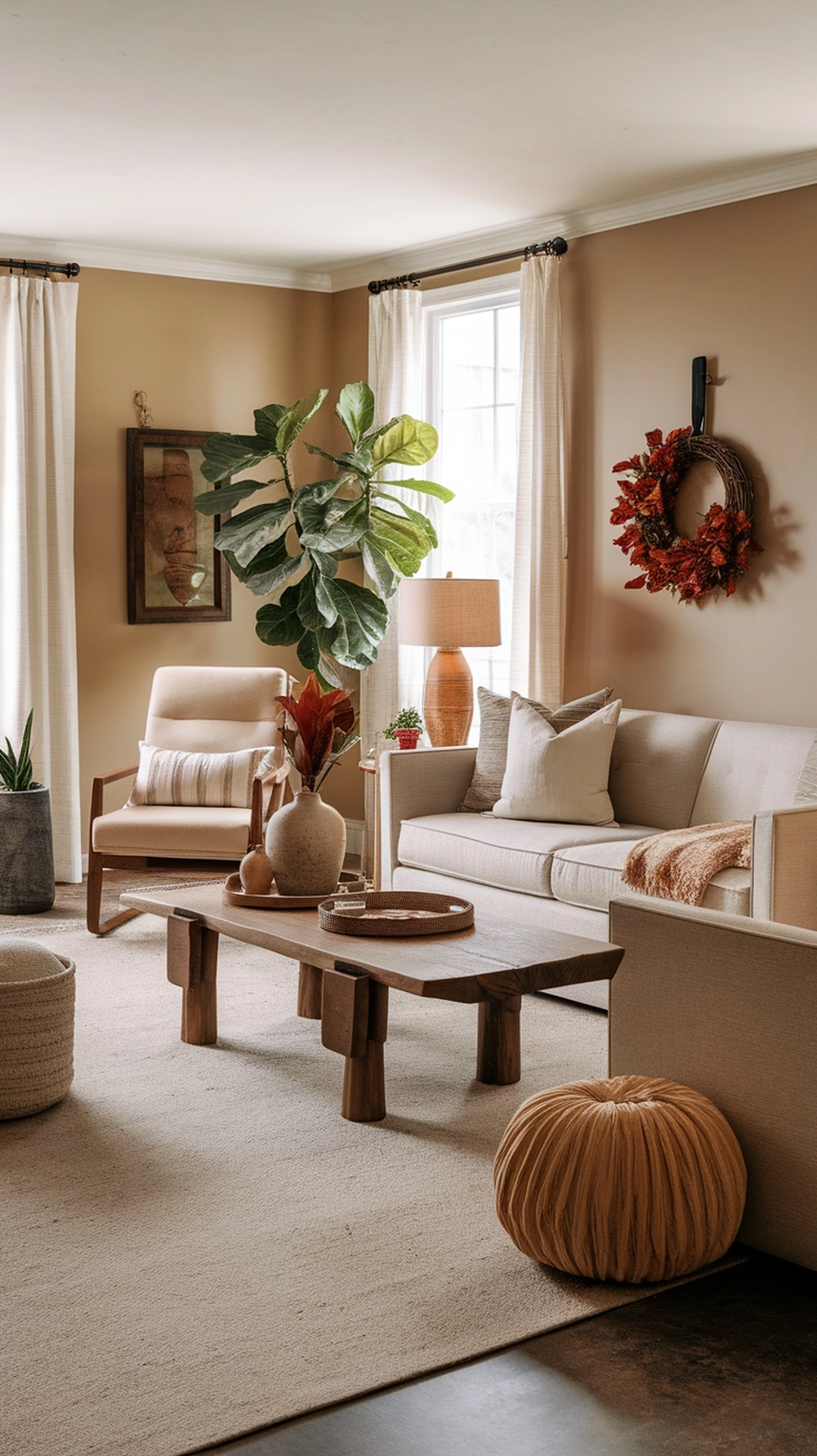 Cozy fall living room with neutral colors, wooden furniture, and autumn decorations.
