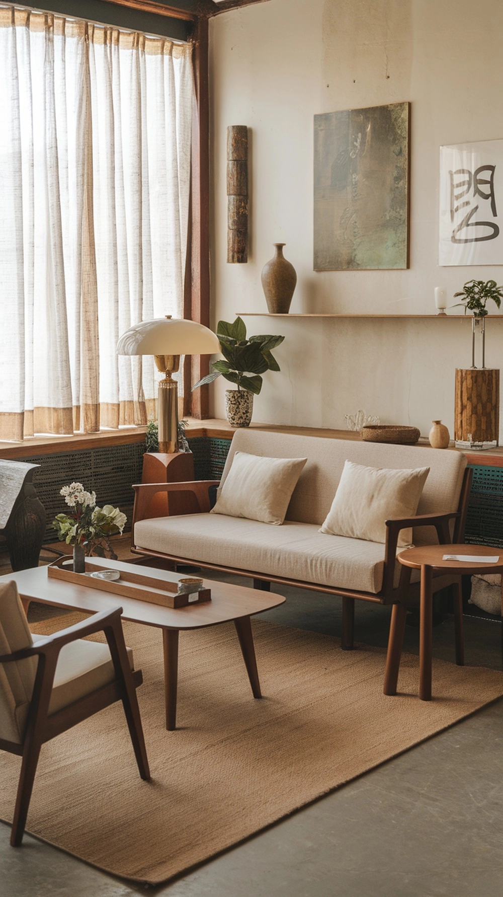 How to Create a Warm Apartment Aesthetic with Cozy Decor 7 A cozy living room with a neutral sofa, wooden furniture, and soft lighting, creating a warm apartment aesthetic.