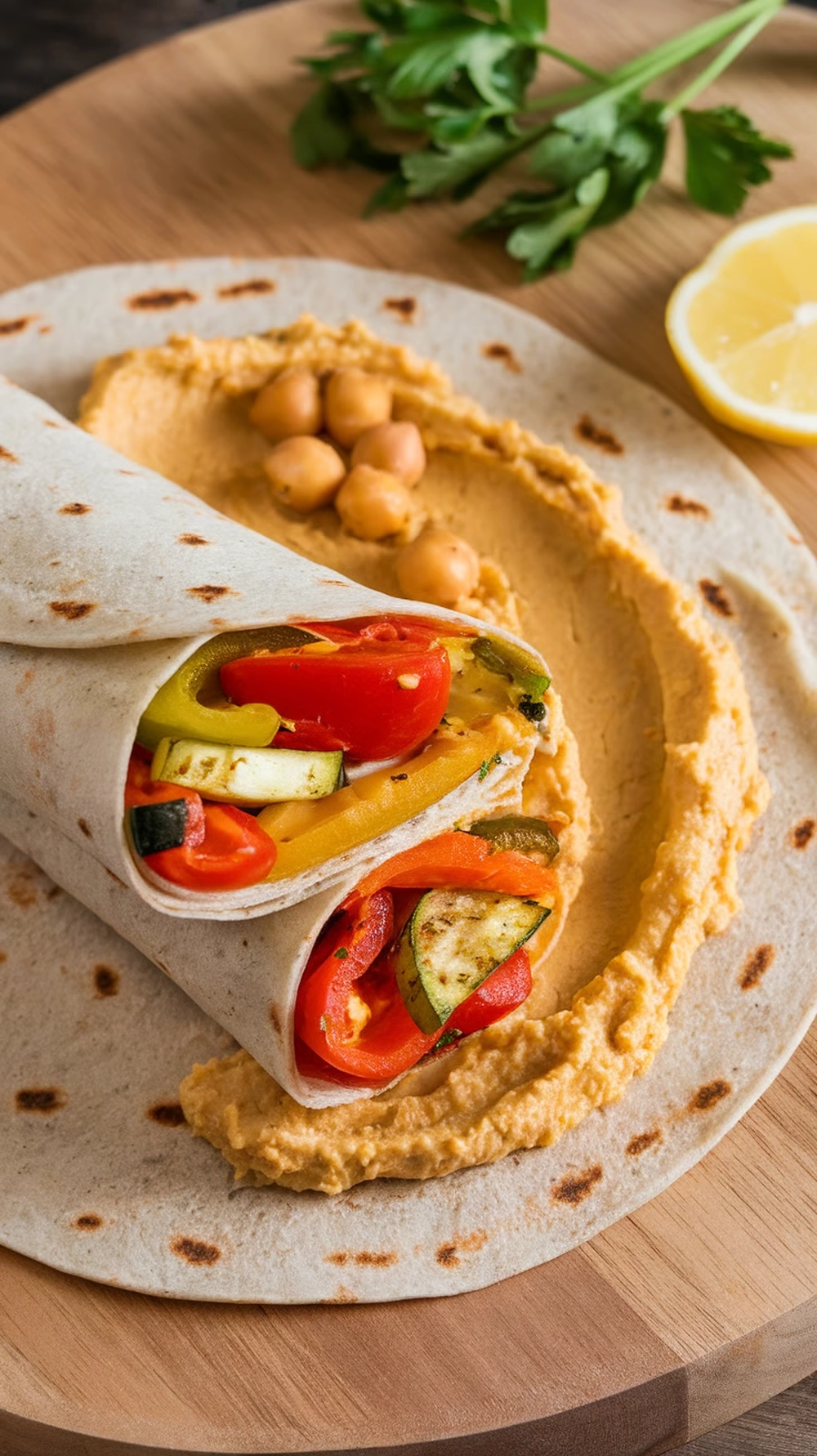 Low-Calorie Dinner Recipes Under 500 Calories 13 A grilled vegetable and hummus wrap cut in half, showcasing colorful veggies and hummus on a wooden board.
