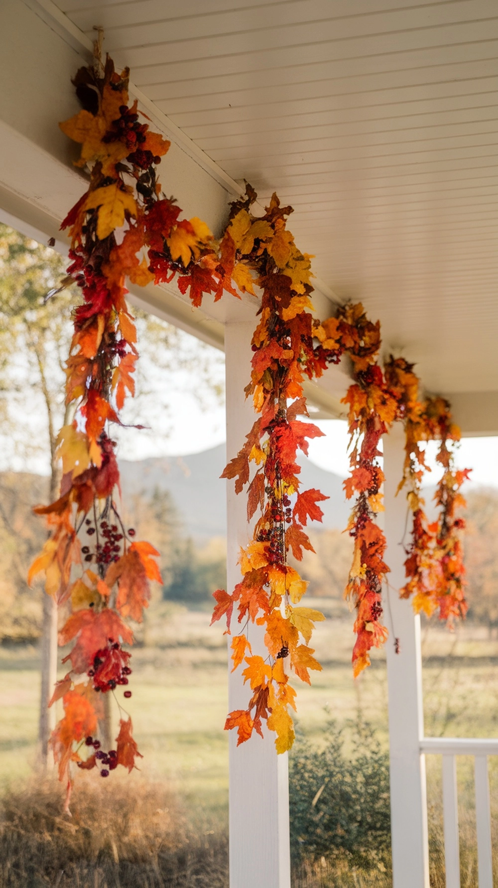 18 Cozy Fall Porch Decor Ideas to Welcome Autumn 15 Colorful autumn garlands hanging on a porch, showcasing vibrant leaves and berries.