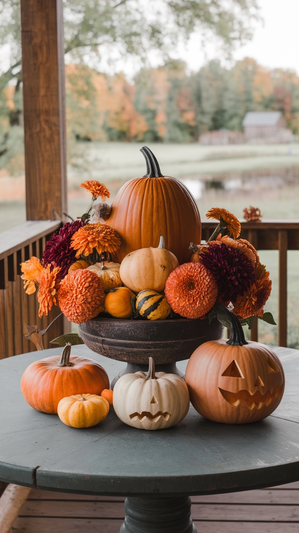 18 Cozy Fall Porch Decor Ideas to Welcome Autumn 6 A fall porch centerpiece featuring pumpkins and colorful flowers.