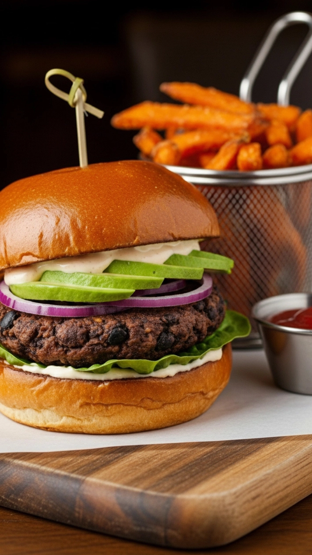 Easy Weeknight Dinner Meal Plan for a Healthy Week 7 A homemade black bean burger on a bun, topped with fresh avocado, tomato, onion, and lettuce. Sweet potato fries are visible nearby, showcasing a satisfying vegetarian meal.