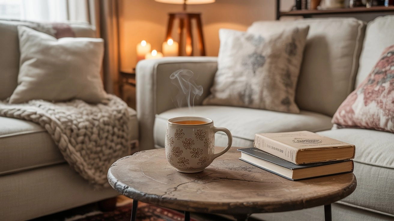 How to Create a Warm Apartment Aesthetic with Cozy Decor 1 A cozy living room illustrating a warm apartment aesthetic, featuring a plush sofa covered in soft blankets and pillows under the glow of warm, ambient lighting.