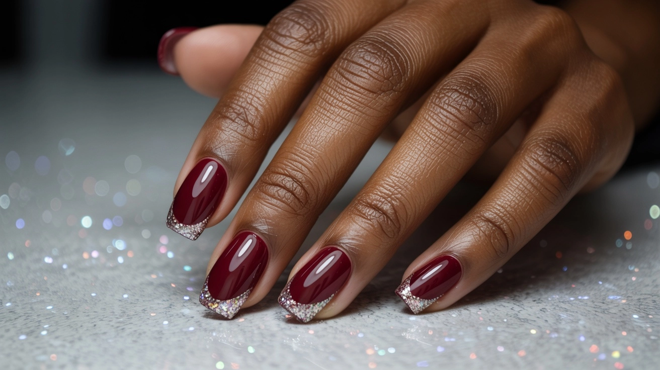 How to Style Burgundy Nail Designs for a Bold Stunning Look 1 A set of burgundy nails Designs featuring glittery tips, displayed on a sparkling surface