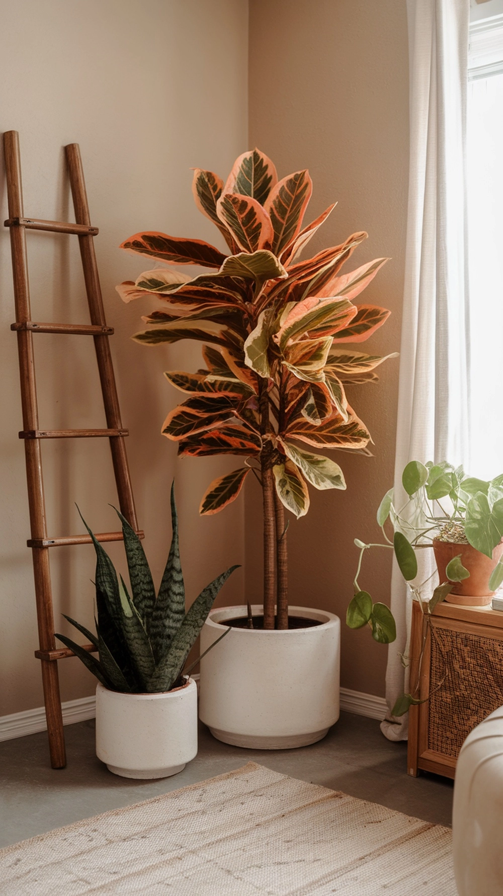Boho Fall Living Room Ideas You Can’t Ignore 8 Seasonal plants and natural elements in a Boho Fall Living Room with grey walls.