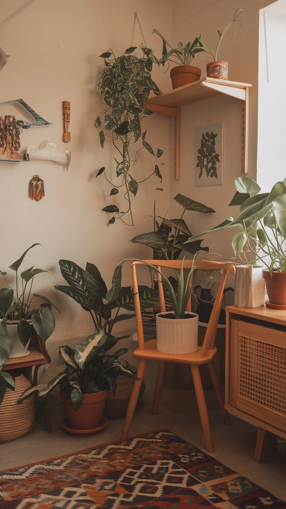 How to Create a Warm Apartment Aesthetic with Cozy Decor 5 A cozy corner filled with various indoor plants, showcasing a warm apartment aesthetic.