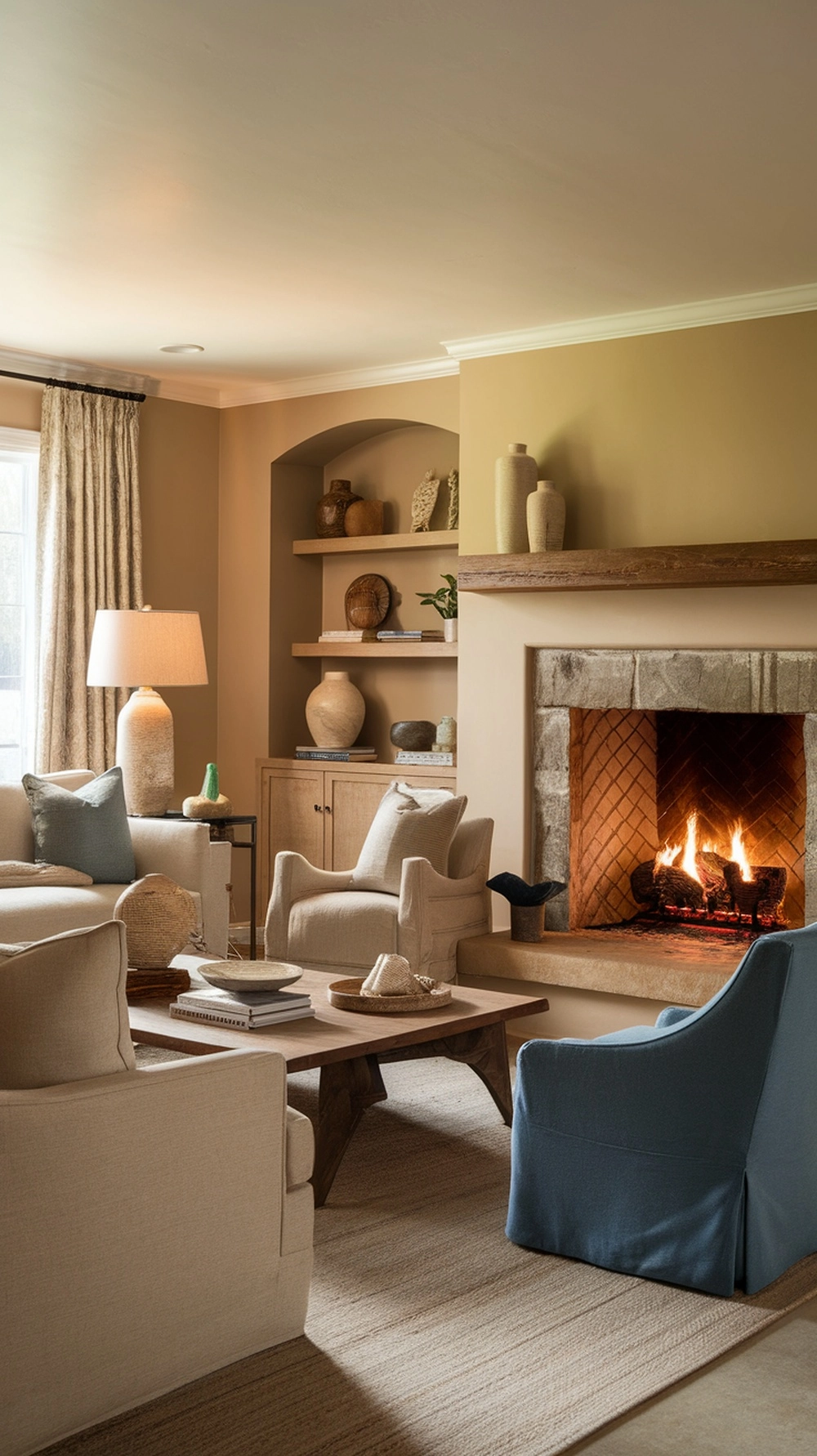 A cozy living room with a fireplace, soft textures, and rustic accents.