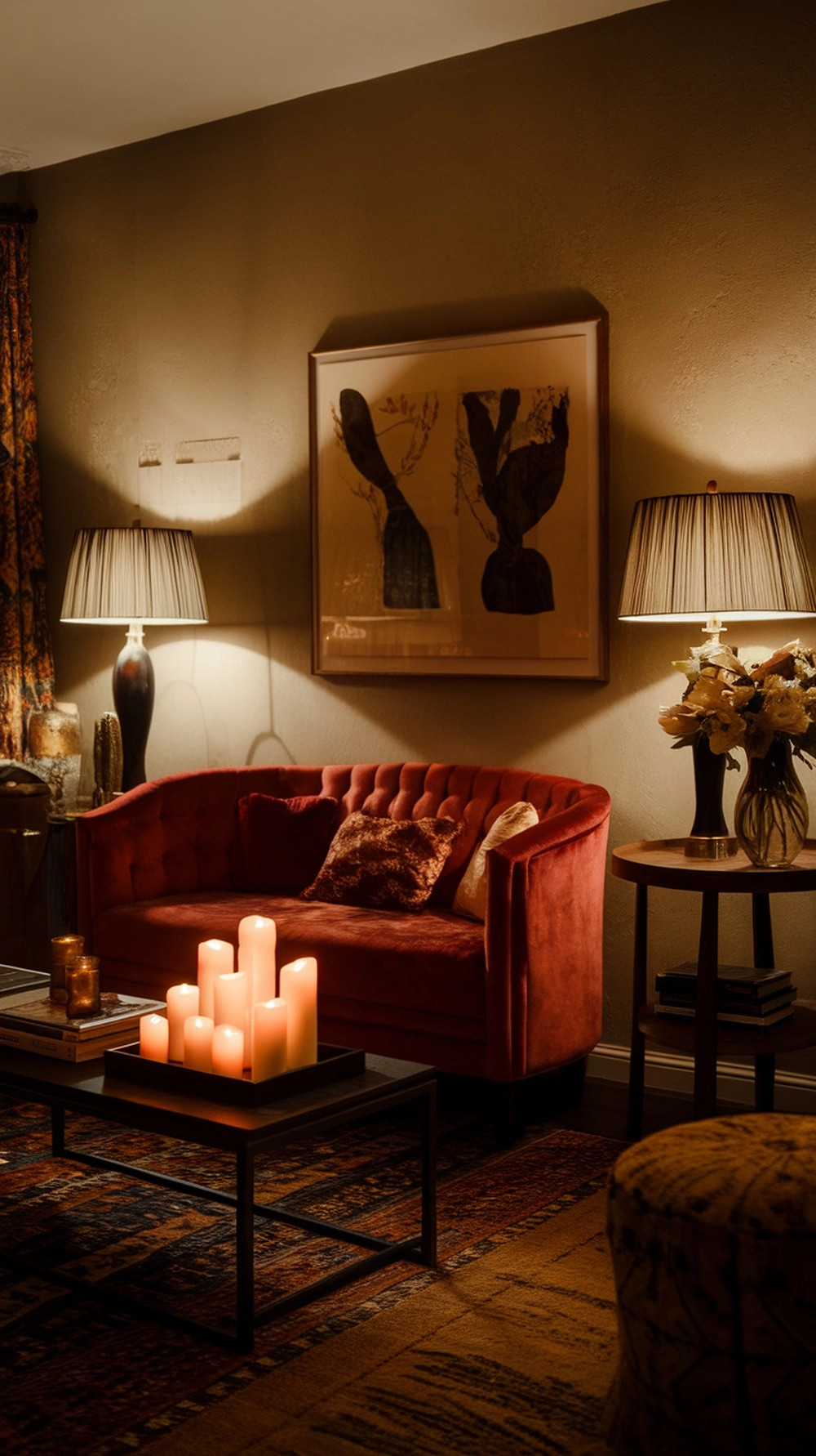 How to Create a Warm Apartment Aesthetic with Cozy Decor 6 A cozy living room with soft lighting, candles on a table, and a rich red sofa.