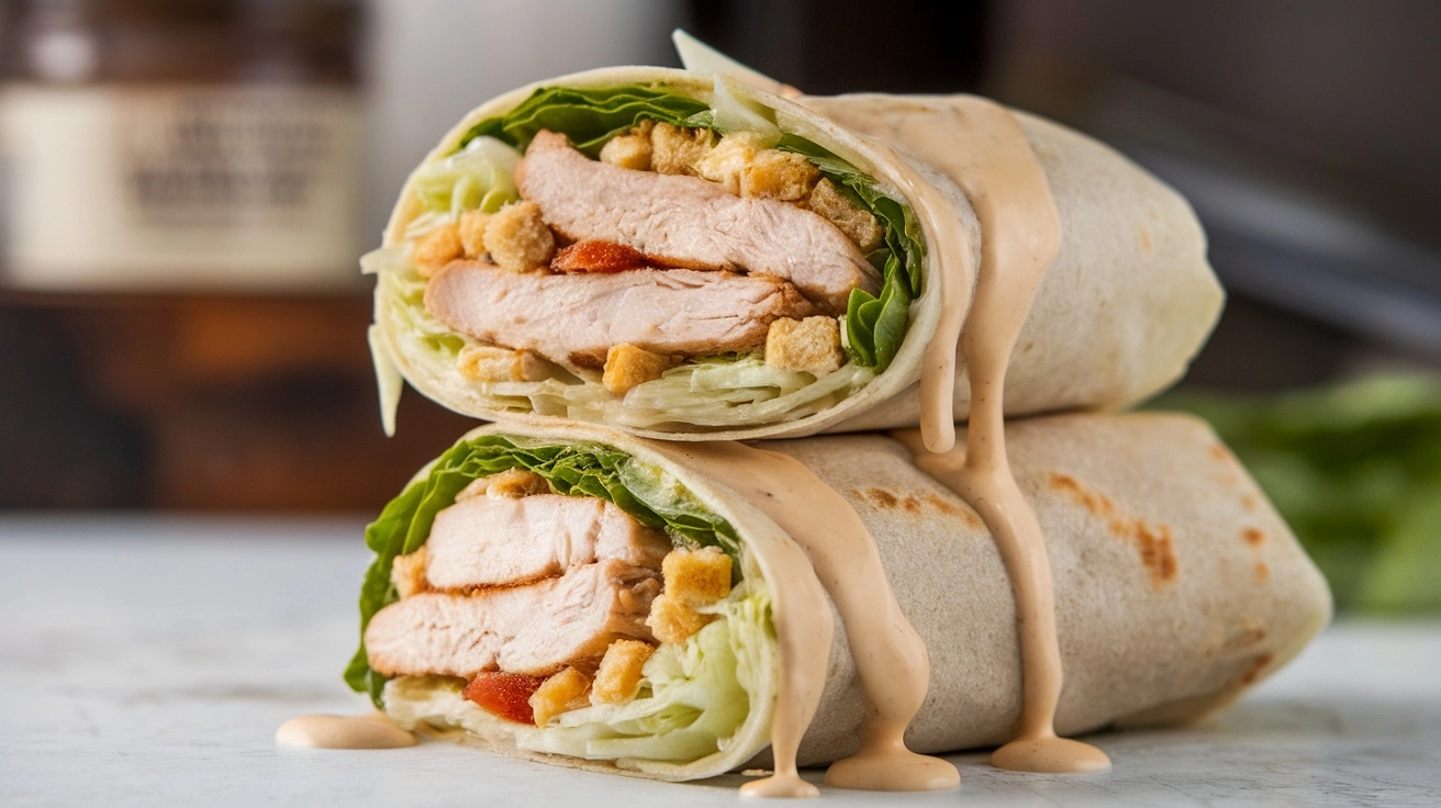 Irresistible Easy Chicken Caesar Wrap for Beginners 1 A stacked Easy Chicken Caesar Wrap, sliced in half, with creamy dressing dripping from the layers of chicken, lettuce, and croutons.