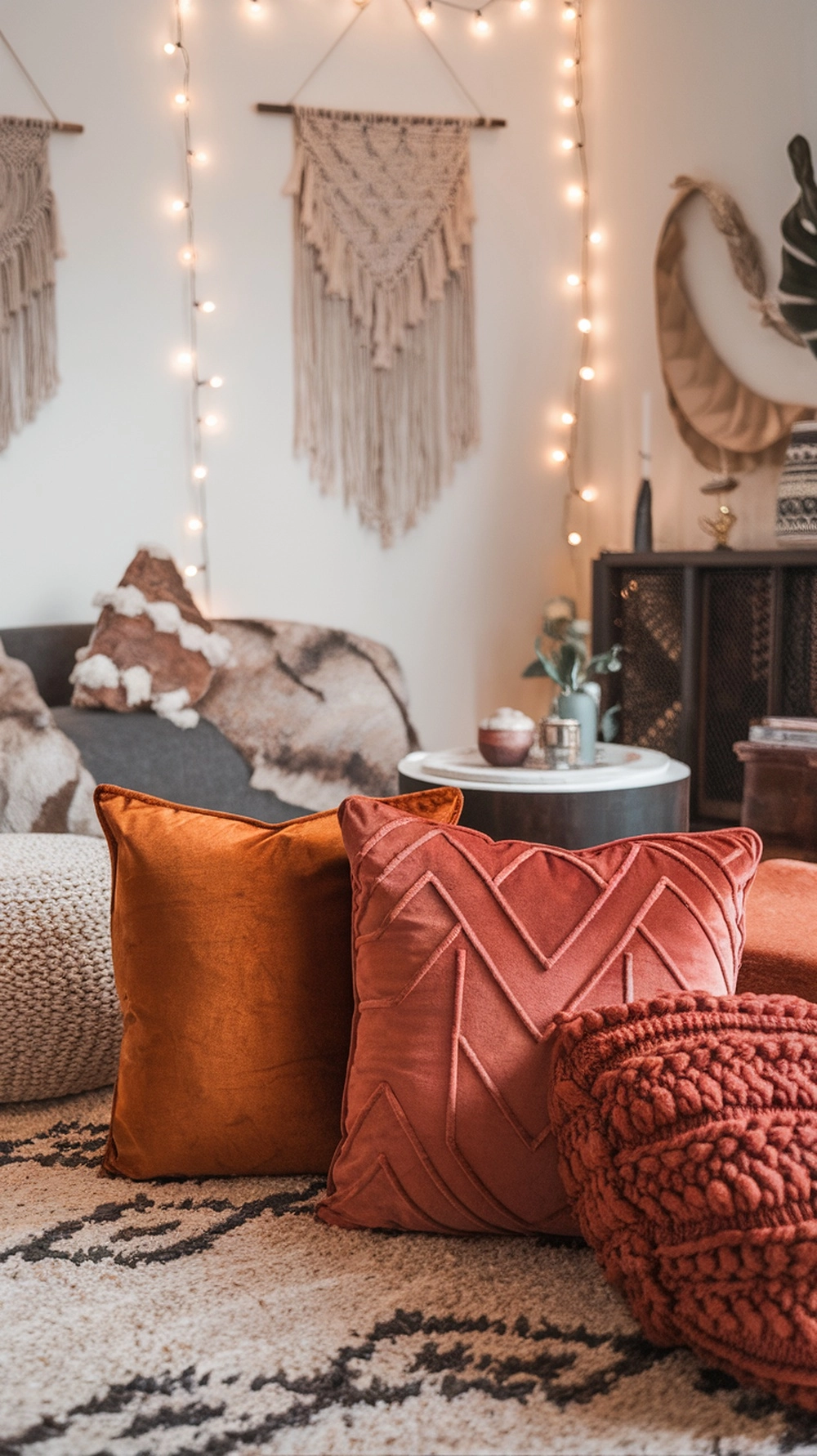 Boho Fall Living Room Ideas You Can’t Ignore 3 Layered textures in a Boho Fall Living Room with various fabrics and materials