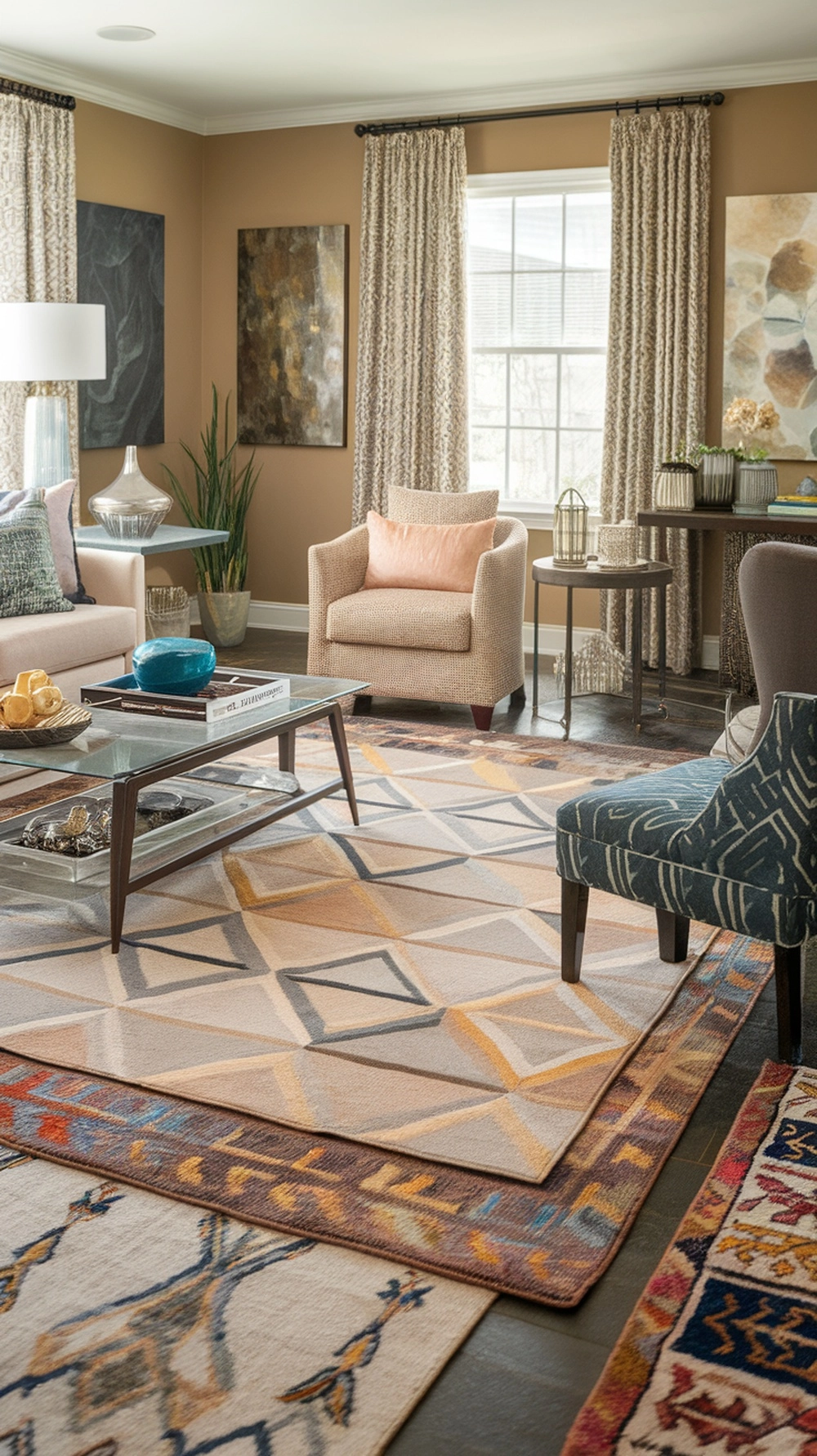 A cozy living room with layered rugs featuring geometric patterns, soft textures, and warm colors.